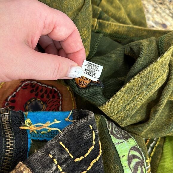 Rising International Bohemian Hippie Green Cotton Patchwork Zip Hoodie Size S - Picture 6 of 9